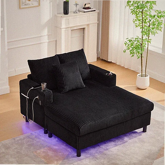 Oversized Corduroy Chaise Lounge Chair w/ USB Port LED Light Strip & Cup Holder
