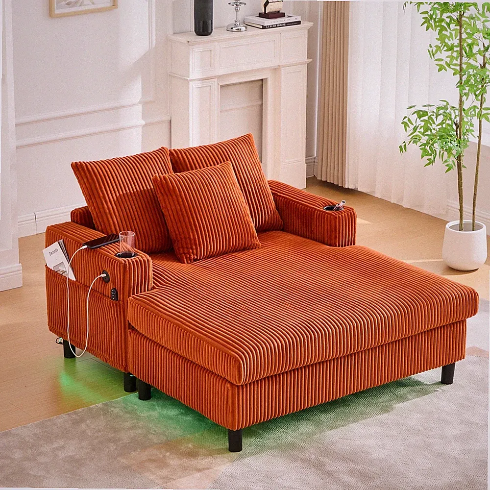 Oversized Corduroy Chaise Lounge Chairs w/ USB Port LED Light Strip & Cup Holder