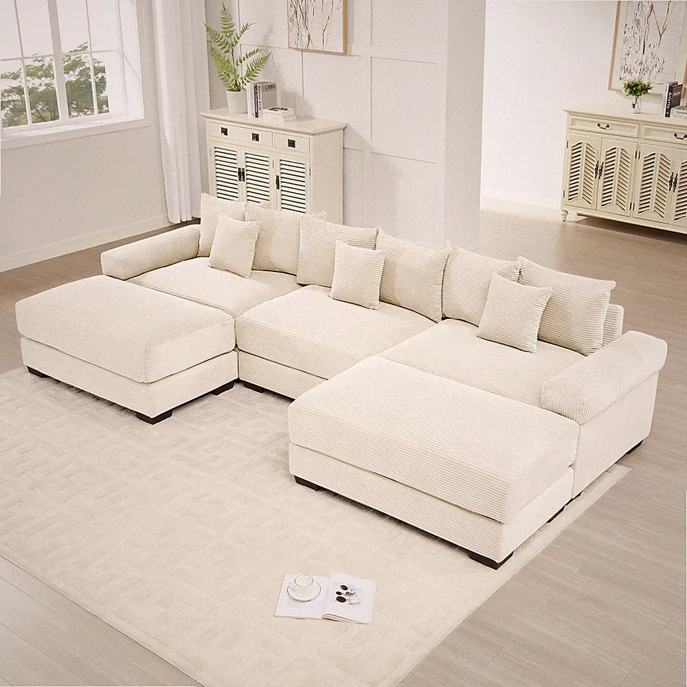 Oversized Corduroy Cloud Sectional Sofa with Ottoman, Cream