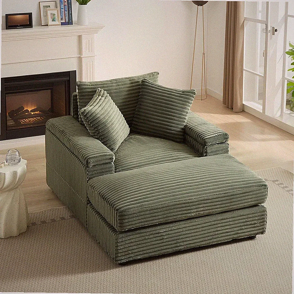 Oversized Deep Seat Chaise Longue Chair Corduroy Sectional Couch with Ottoman