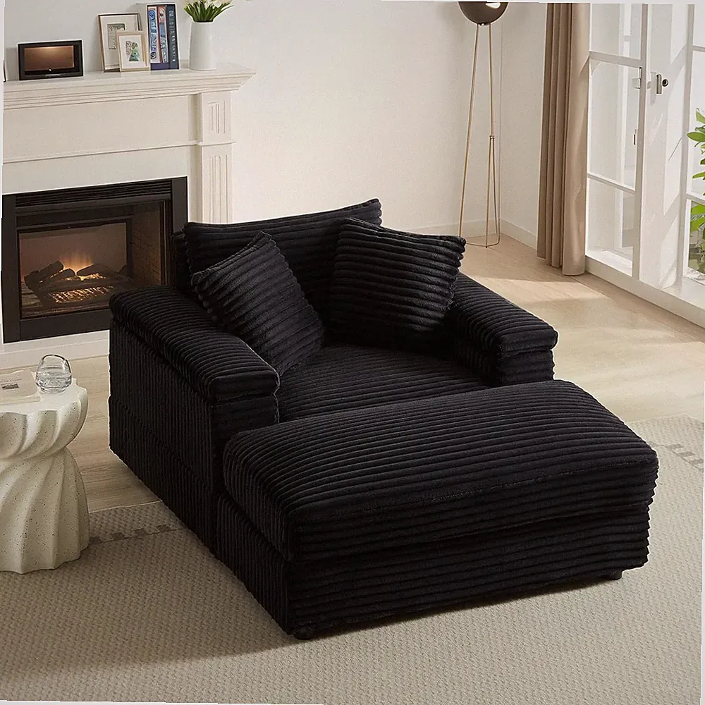 Oversized Deep Seat Chaise Longue Chair Corduroy Sectional Couch with Ottoman