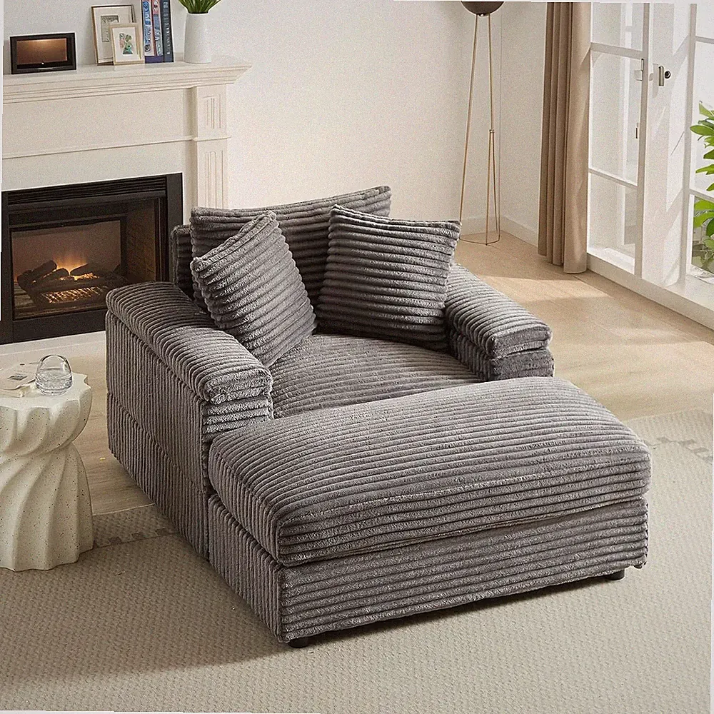 Oversized Deep Seat Chaise Longue Chair Corduroy Sectional Couch with Ottoman