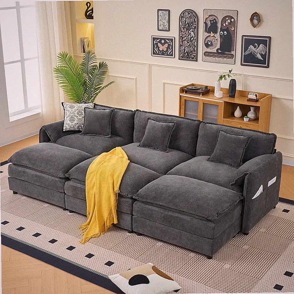 Oversized Deep Seat Sectional Cloud Sofa Sleeper with 3 Ottomans & Soft Pillow