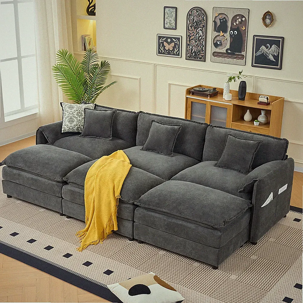 Oversized Deep Seat Sectional Cloud Sofa Sleeper with 3 Ottomans & Soft Pillows
