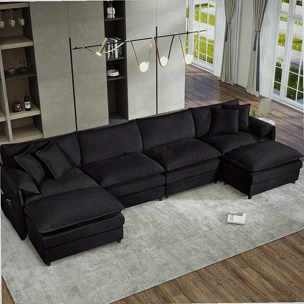 Oversized Deep Seat U Shaped Couch 4-Seater Comfy Cloud Sectional Sofa Black