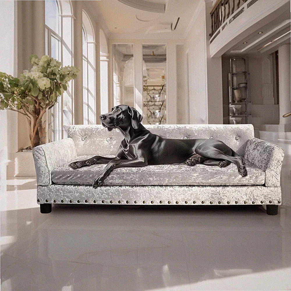 Oversized Deluxe Velvet Dog Sofa Bed Soft Couch High-end Rivet Pet Accent Lounge