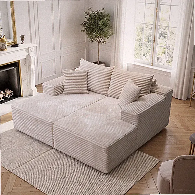 Oversized Double Chaise Lounges Corduroy Boneless Couch Sofa Deep Seat US Stock