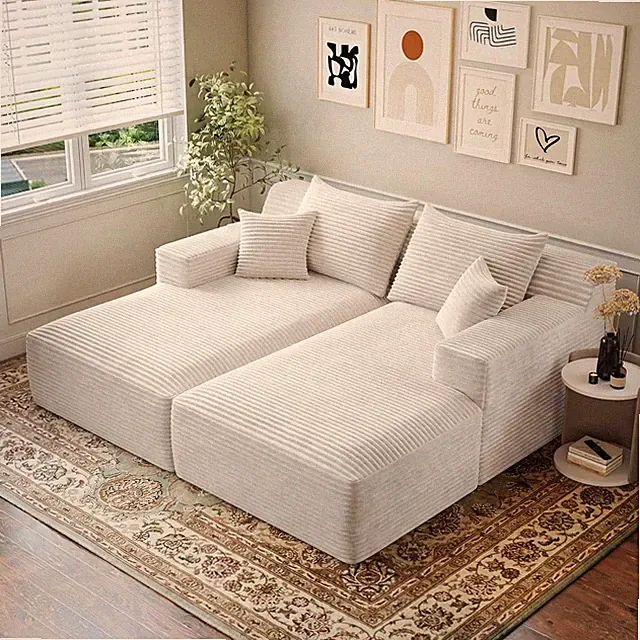 Oversized Double Chaise Lounges Plush Upholstered Boneless Couch Deep Seat Beige