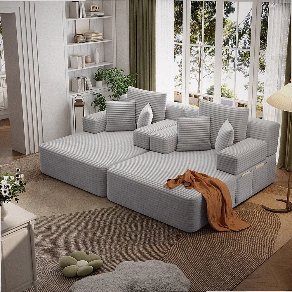 Oversized Double Plush Corduroy Chaise Lounge Sofa Bed With Storage
