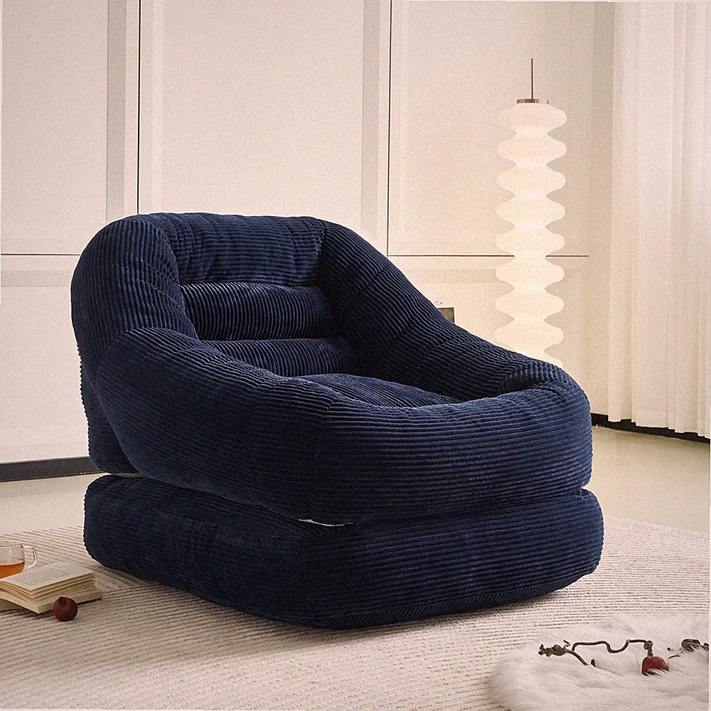 Oversized Folding Lazy Sofa Bed Chair With Footrest, Blue Corduroy
