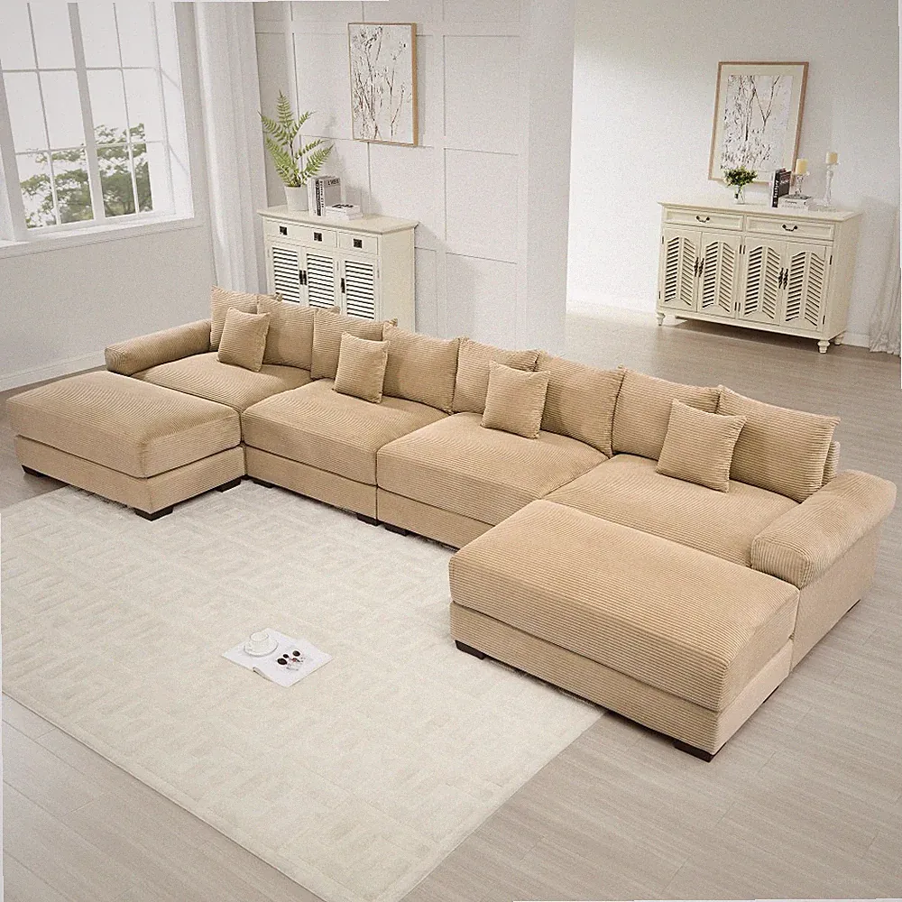 Oversized L-Shape Sectional Sofa w/ Ottoman & 12 Pillows, Corduroy