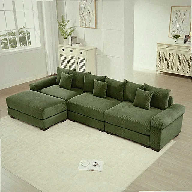 Oversized L-Shape Sectional Sofa w/ Ottoman, Super Soft Corduroy, Green