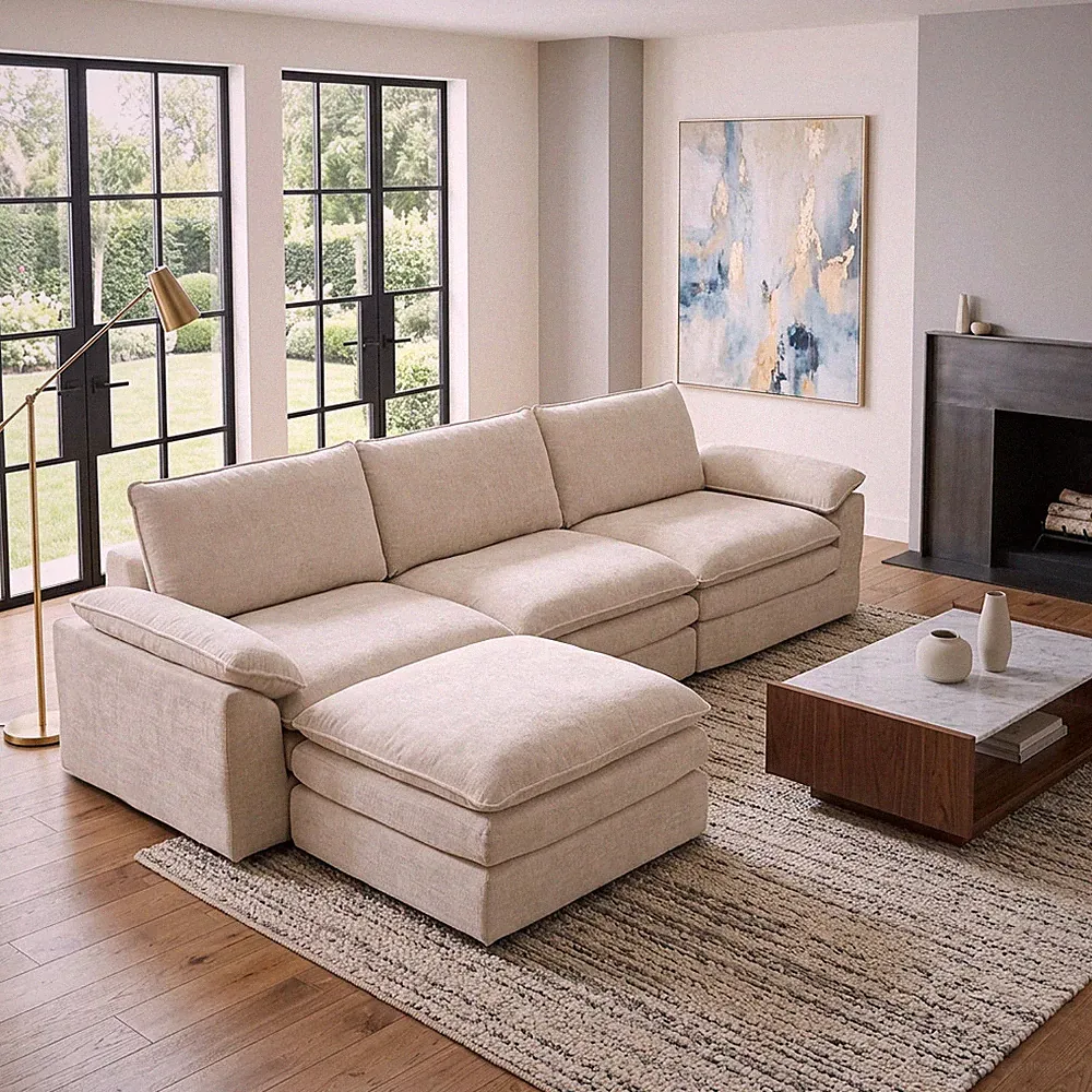 Oversized L-Shaped Boneless Couch, Modular Sectional Sofa Bed W/ Movable Ottoman
