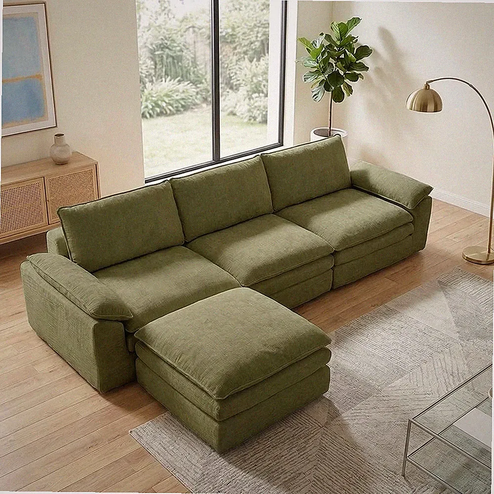 Oversized L-Shaped Boneless Couch, Modular Sectional Sofa Bed W/ Movable Ottoman