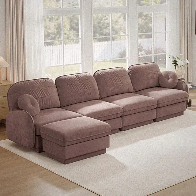 Oversized L-Shaped Chenille Sectional Sofa w/ Ottoman & Pillows, Rose Dust