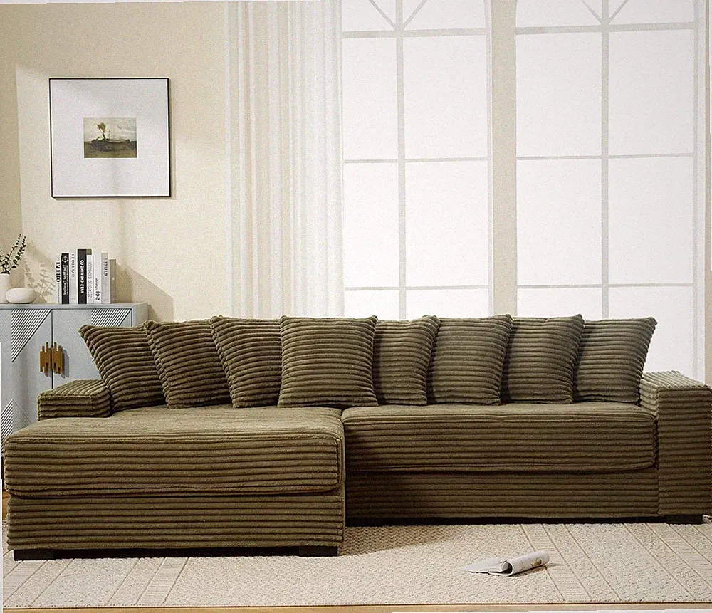 Oversized L-Shaped Corduroy Sectional Sofa with Chaise & 8 Pillows, Green