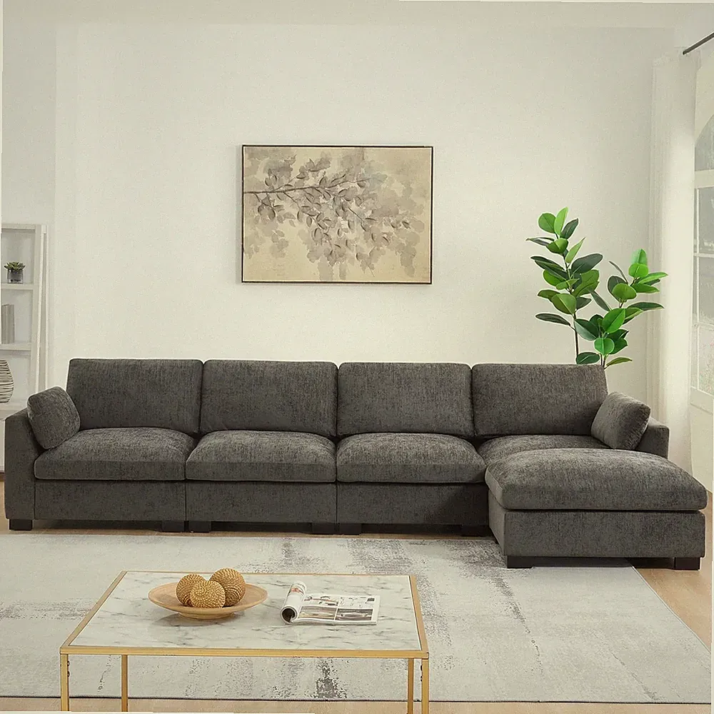 Oversized L-Shaped Sectional Sofa with Ottoman & USB Ports - Charcoal 130