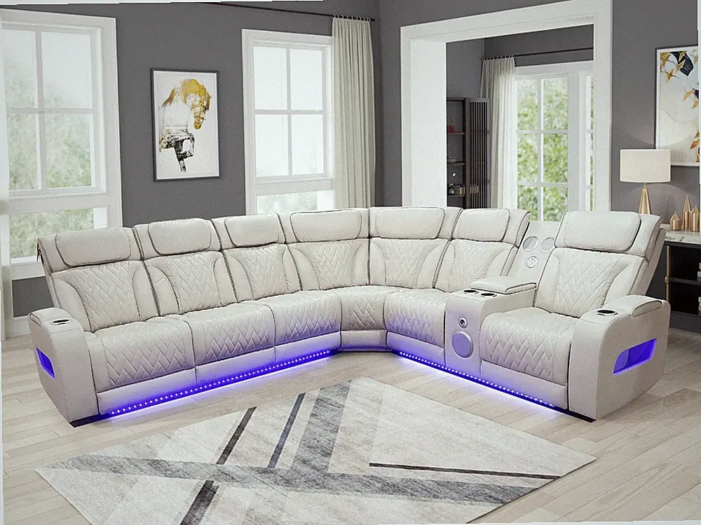 OVERSIZED LED Power Recliner & Adj Headrest Sectional Beige w/ Bluetooth Speaker