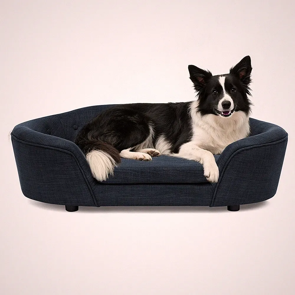 OVERSIZED Linen Dog Sofa Bed - Semi-Enclosed Tufted Pet Bed Oval Shape