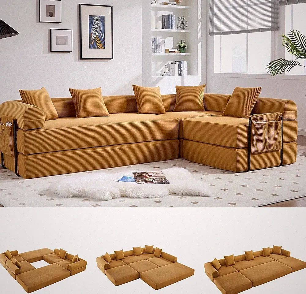 Oversized Modular Cloud Couch Corduroy L-Shaped Sectional Sleeper Sofa Bed