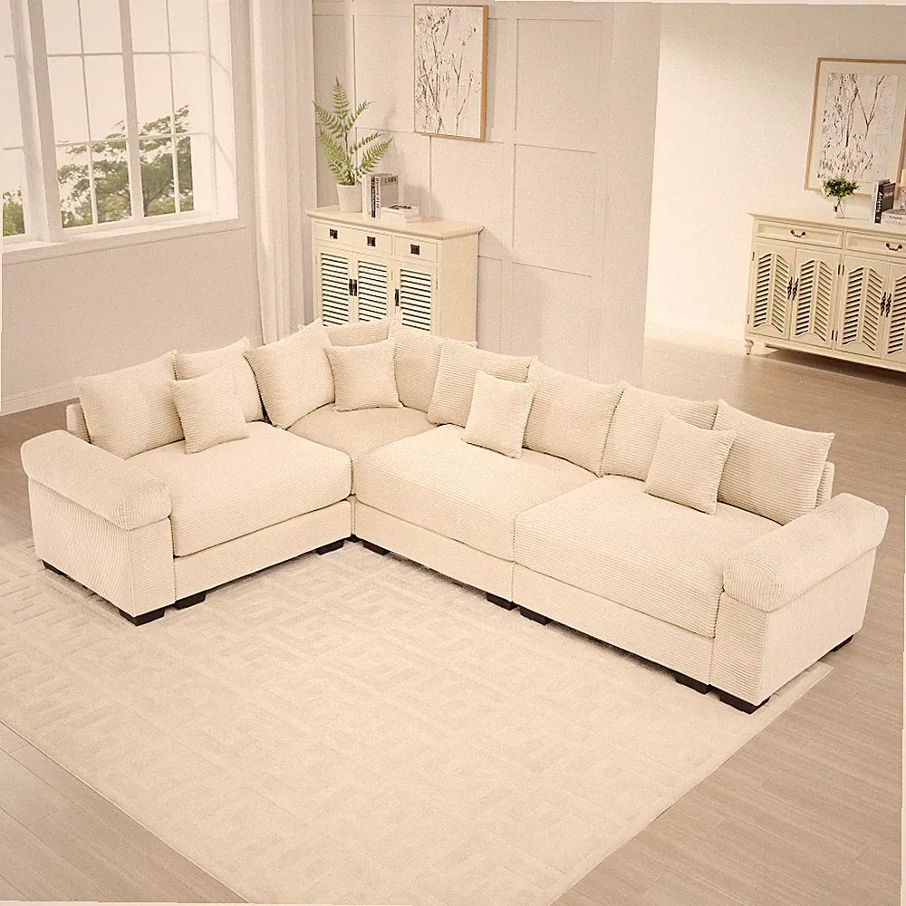 Oversized Modular Sectional Sofa w/ Ottomans, Corduroy Fabric, Cream