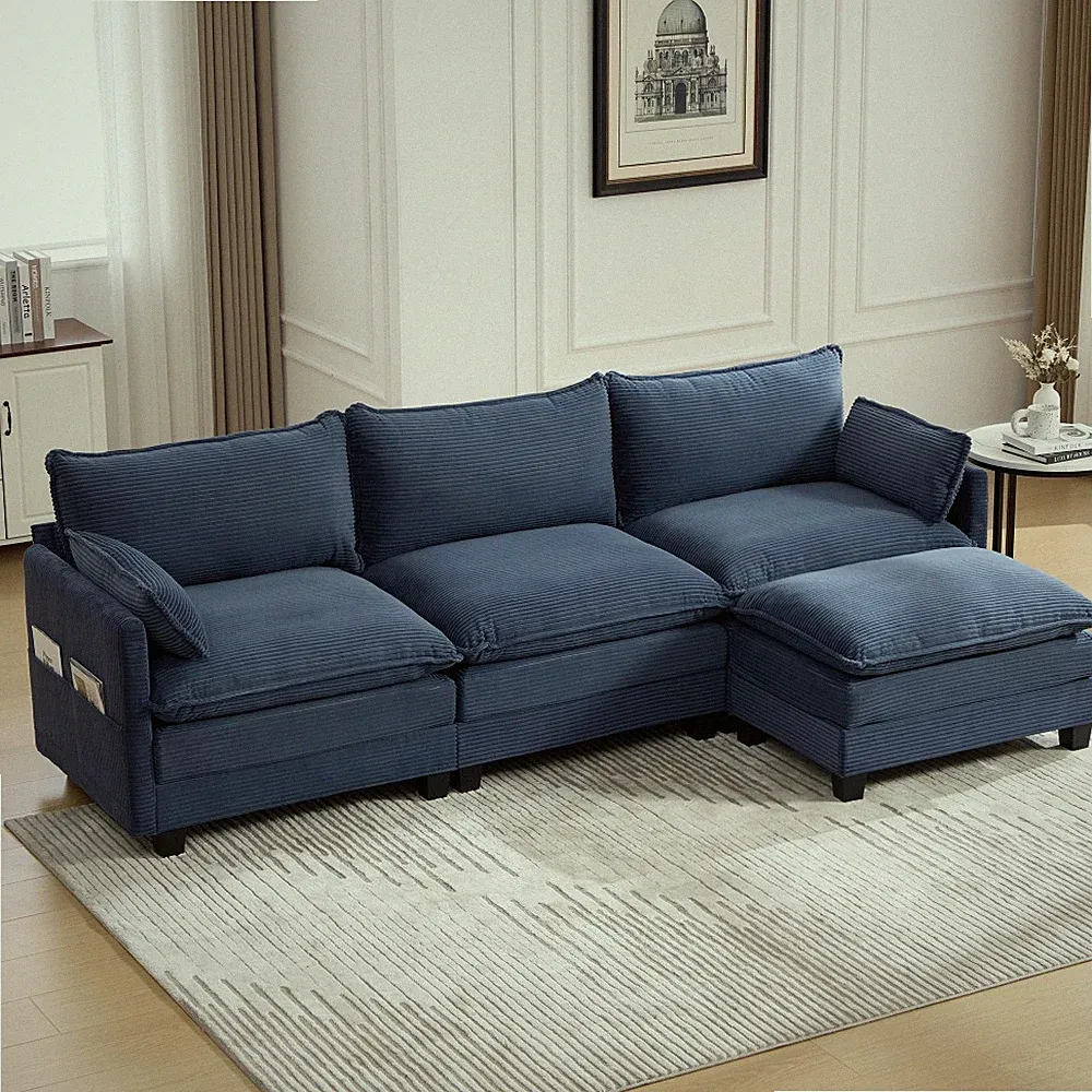 Oversized Modular Sectional Sofa with Movable Ottoman,4 Seat Corduroy Sofa Navy
