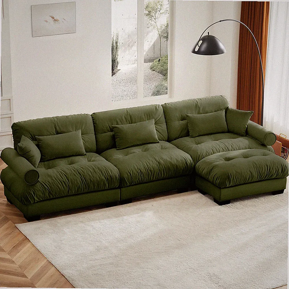 Oversized Modular Sectional Sofa with Movable Ottoman Velvet Olive Green