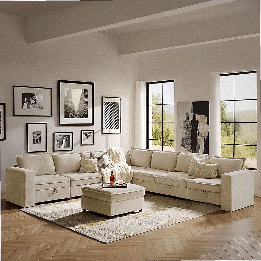 Oversized Modular Sectional Sofa with Storage Ottoman, 8 Seater Sofa with Deep S