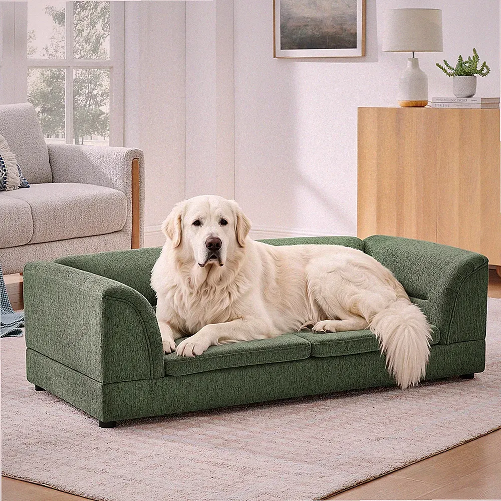 Oversized Pet Sofa, Curved Armrest Rectangular Dog Sofa Linen Fabric Comfort Pet