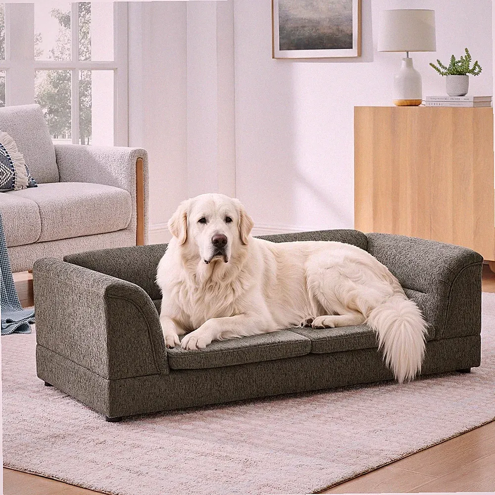 Oversized Pet Sofa Curved Armrest Rectangular Dog Sofa Linen Fabric Comfortable