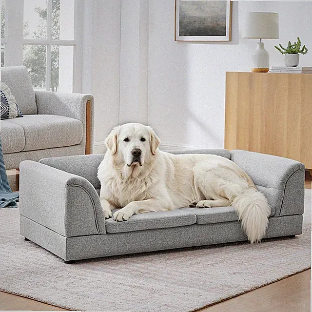 Oversized Pet Sofa for Large Dogs, Linen Fabric Curved Armrest Couch, Light Gray