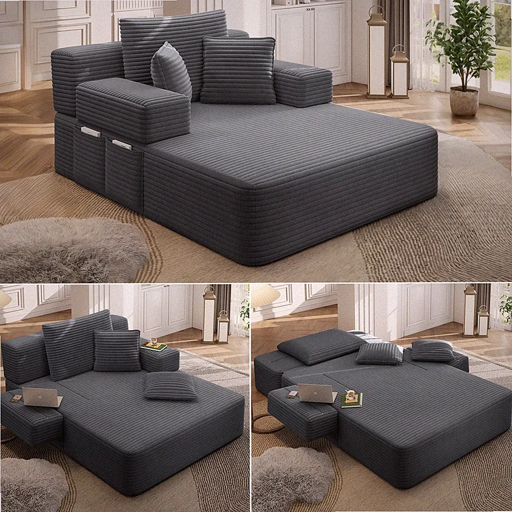 Oversized Plush Corduroy Chaise Lounge Sofa Bed w/ Storage Pockets
