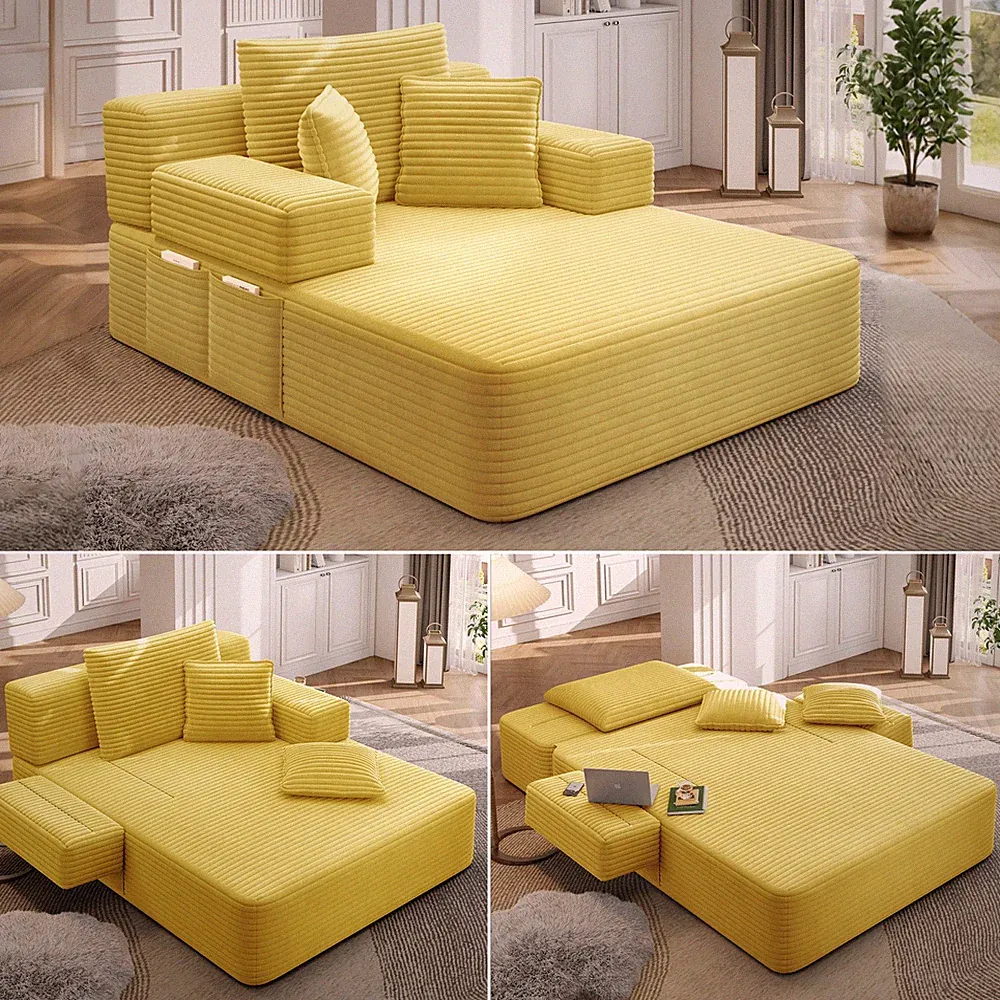 Oversized Plush Corduroy Chaise Lounge Sofa Bed With Storage Pockets