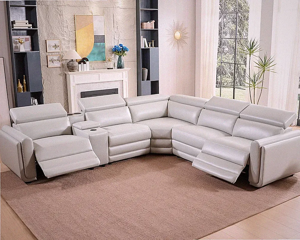 Oversized Power Recliner Sectional Sofa, Leather Recliner Sofa, Light Grey