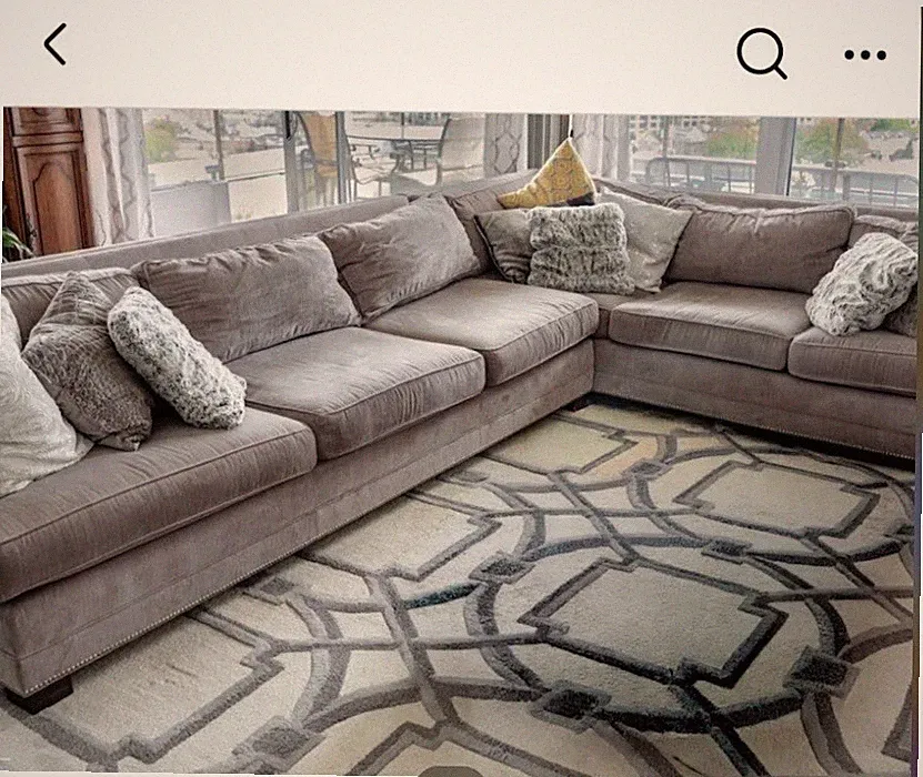 oversized sectional in soft grey velvet with nailhead Trim 144”L x 112”L x 43”D