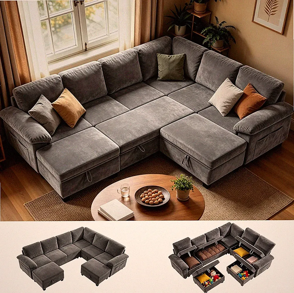 Oversized Sectional Sleeper Couch, 8 Seat Modular Sofa Pull-Out Storage Bed