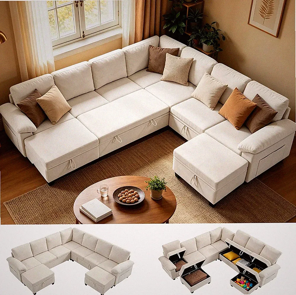 Oversized Sectional Sleeper Couch, 9 Seat Modular Sofa Pull-Out Storage Bed