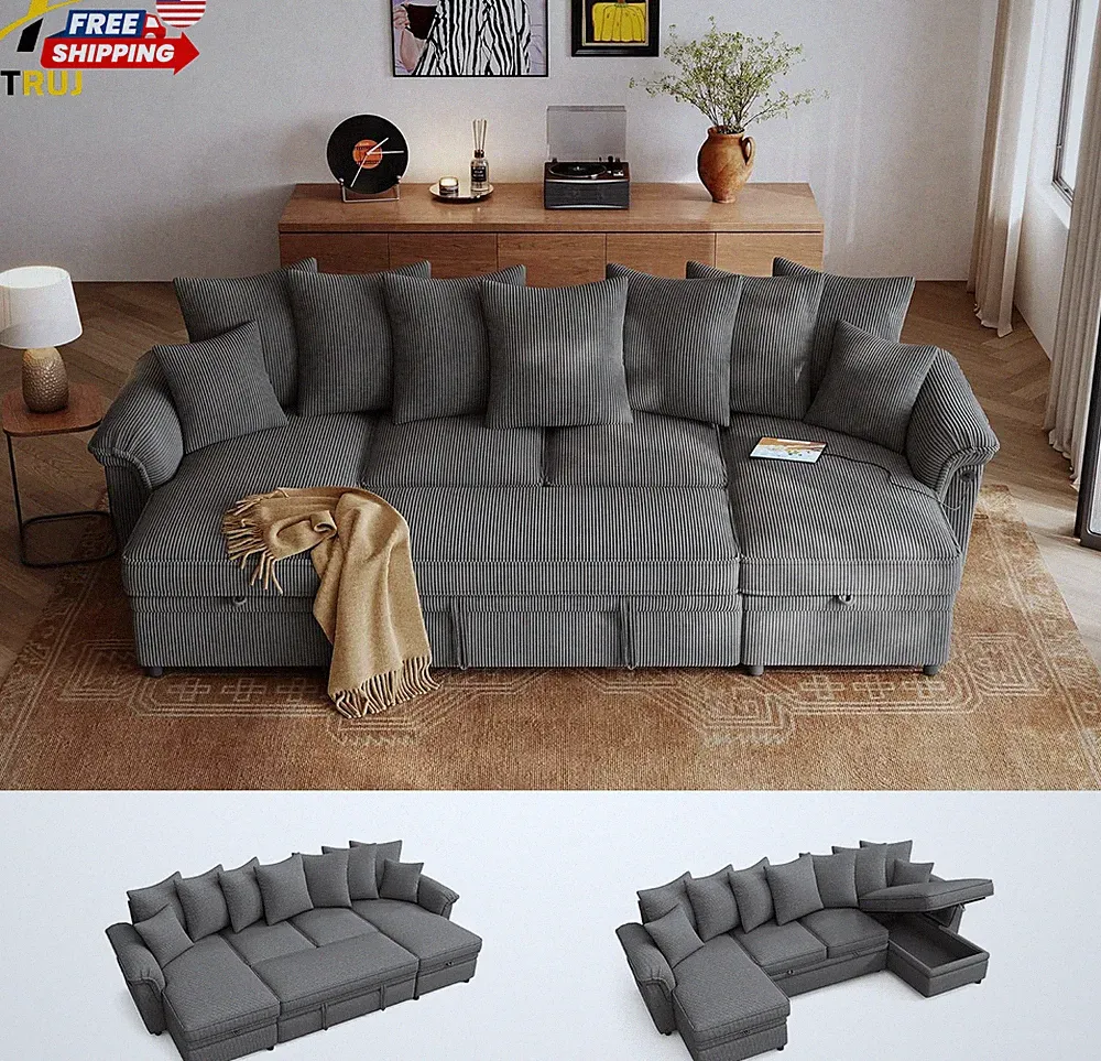 Oversized Sectional Sleeper Sofa with Pull Out Couch Bed Gray 118.5'' USB Chargi