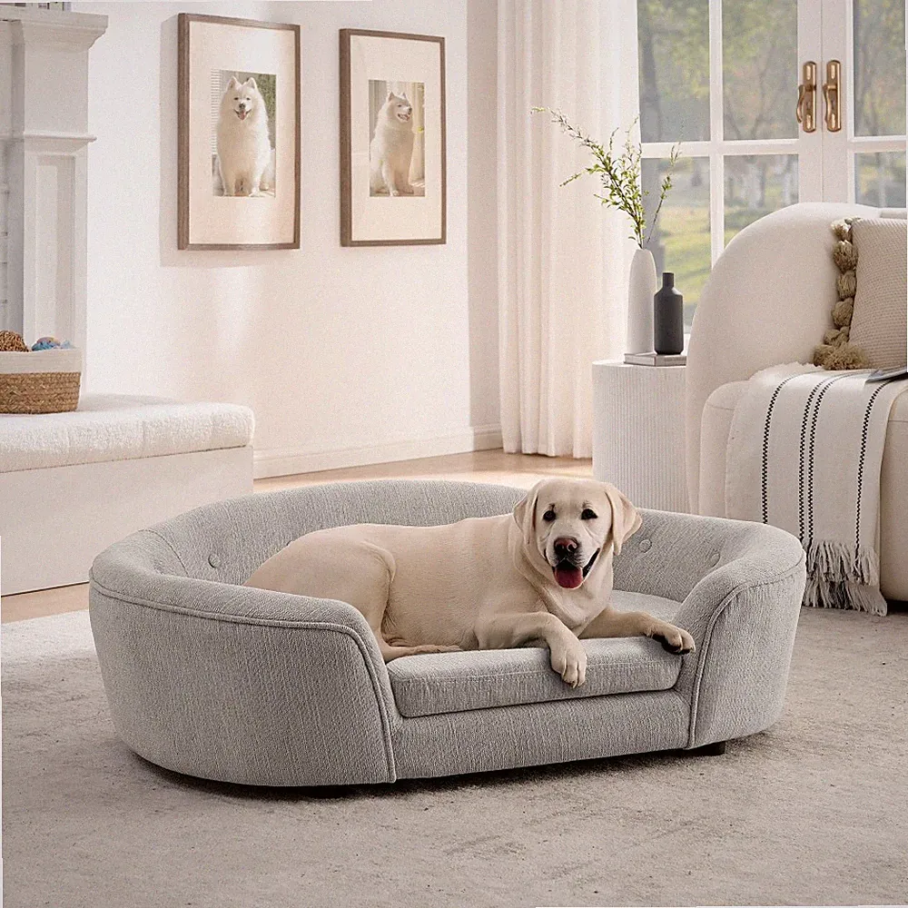 Oversized Semi-Enclosed Dog Sofa – Oval Linen Couch with Tufted Backrest For Dog