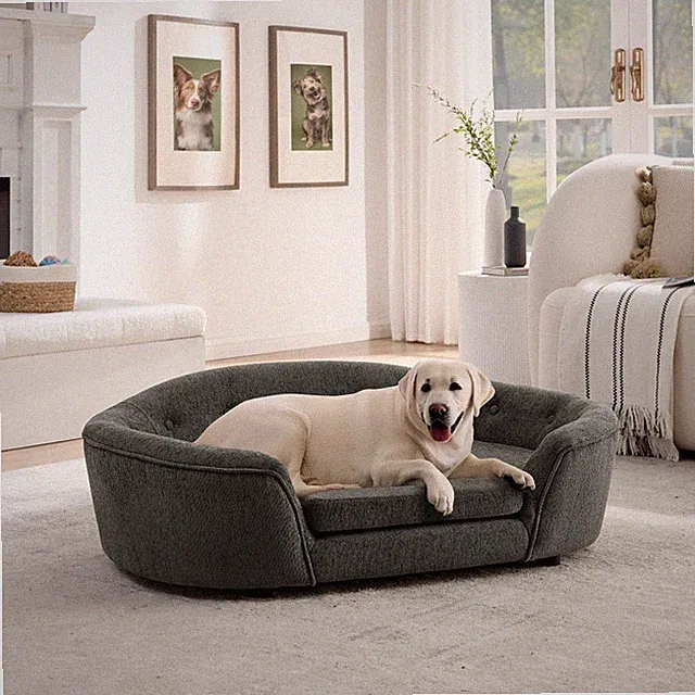 OVERSIZED Size Oval Semi-Enclosed Dog Sofa - Durable Linen Material, Button-Tuft