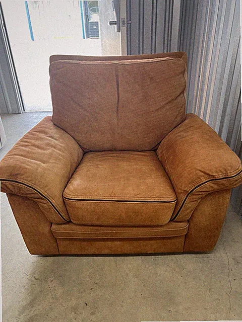 Oversized Suede Leather Chair & Gray Stripe Sectional Sofa. Both Comfy & Clean