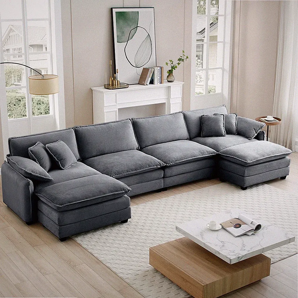 Oversized U-Shape Corduroy Sofa w/ 2 Ottomans, Modern 4 Seater Sectional
