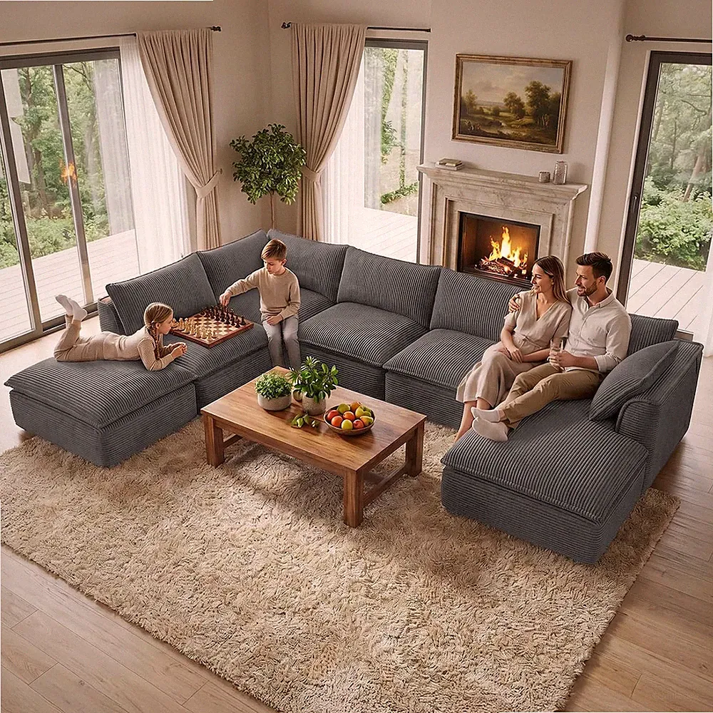 Oversized U Shaped 7 Seater Boneless Couch with Chaise, Gray | Modular Sectional