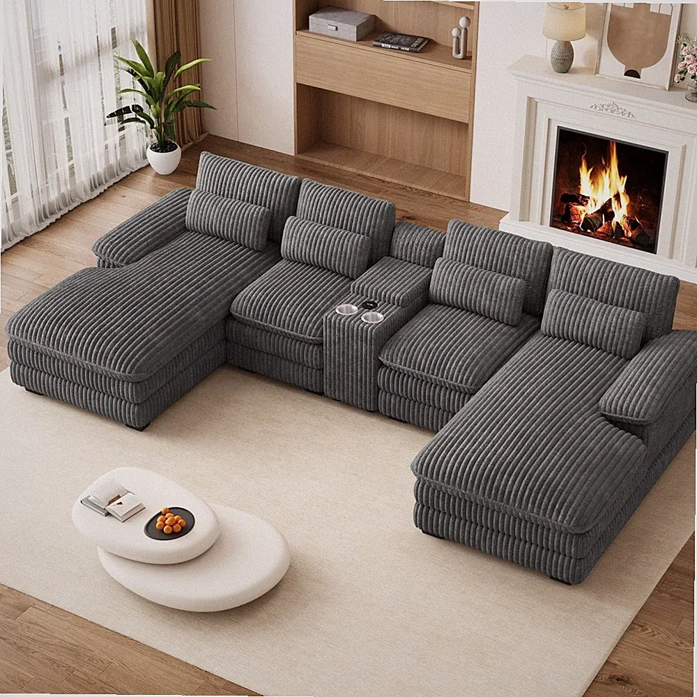 Oversized U-Shaped Corduroy Sectional Sofa Double Chaise Deep Seat w/Cupholders