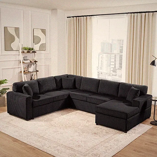 Oversized U-Shaped Corduroy Sofa with Chaise & 3 Soft Pillows, 115.3