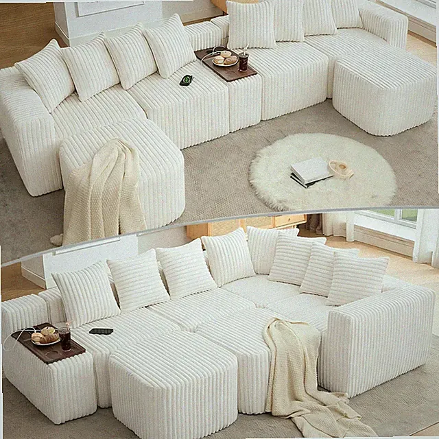 Oversized U-Shaped Corduroy Sofa with Ottoman, Cup Holders & Charging Station