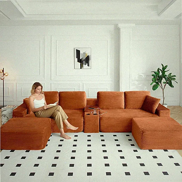 Oversized U-Shaped Corduroy Sofa with Storage, USB, Cup Holder - Orange