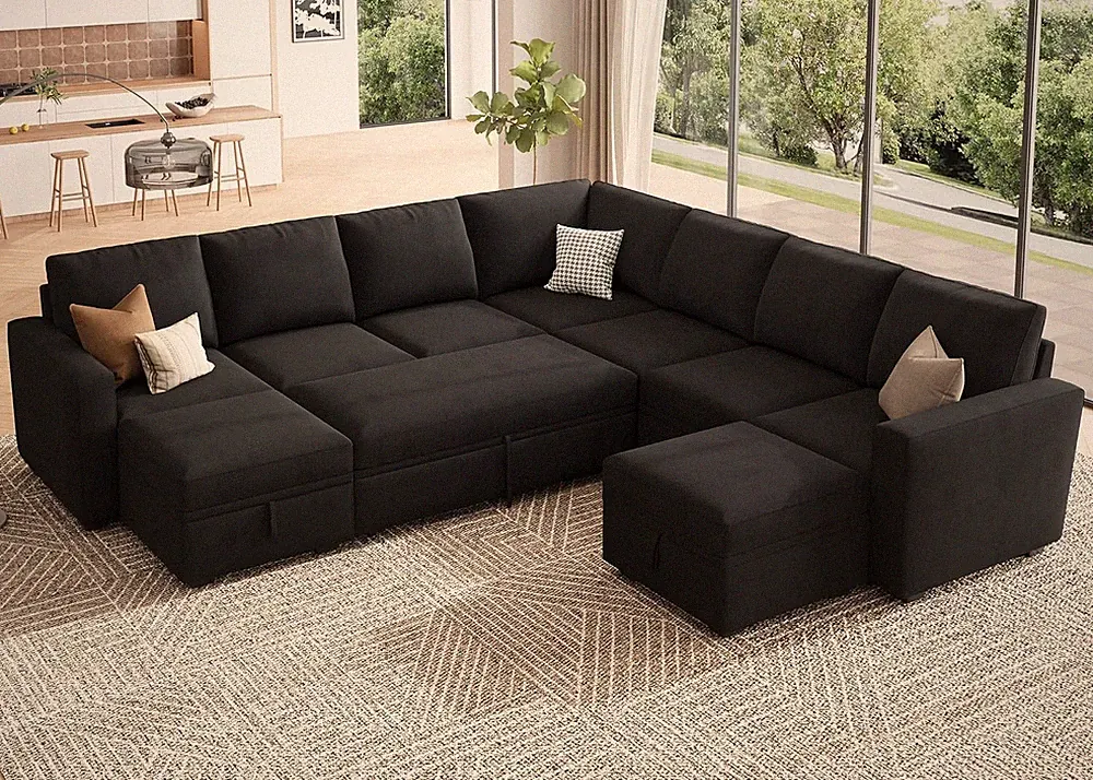 Oversized U-Shaped Modular Sleeper Sofa with Storage - Black