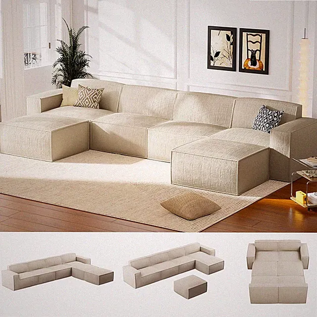 Oversized U-Shaped Modular Sofa with Ottoman - No Assembly, Beige Corduroy