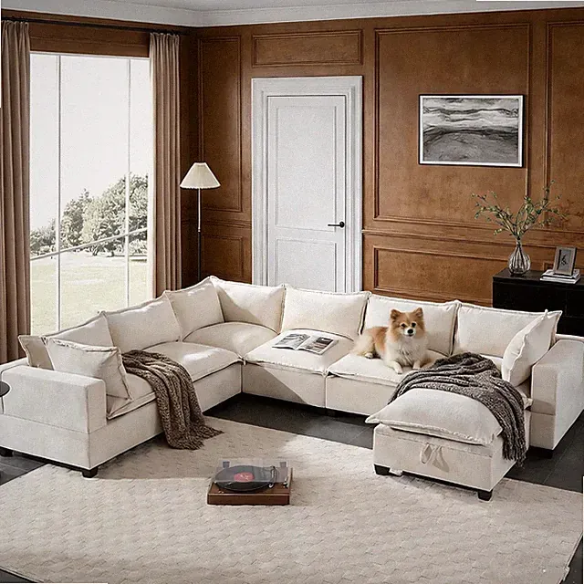 Oversized U-Shaped Sectional Sofa with Storage Ottoman & 9 Pillows, Beige